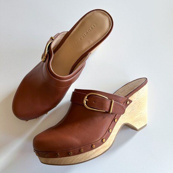 Veronica Beard Hendrix Hazelwood Brown Leather Studded High Heel Clogs 8.5 - Picture 1 of 8